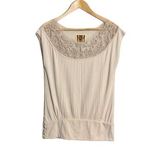 Free People Top Beige Jersey Knit Illusion Mesh Rhinestones Pleats Cap Sleeve M